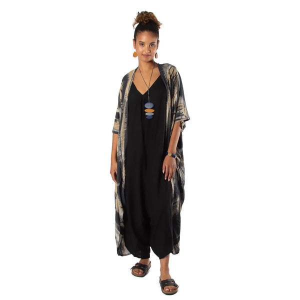 Kimono Abstract Tie Dye Long - grey & gold