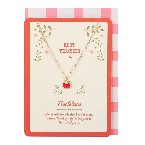 Necklace On Greeting Card - Best Teacher Apple