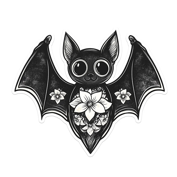 Vinyl Sticker: Cute Bat and Flowers