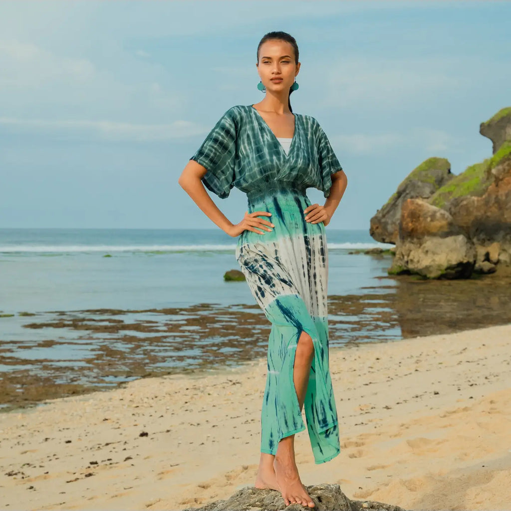 Maxi Dress Tie Dye Stripe - turquoise & grey