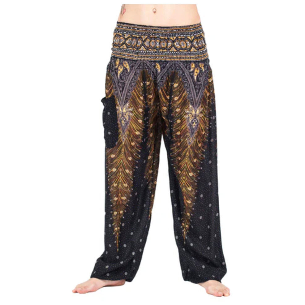Harem Pant Peacock Feathers Black Unisex