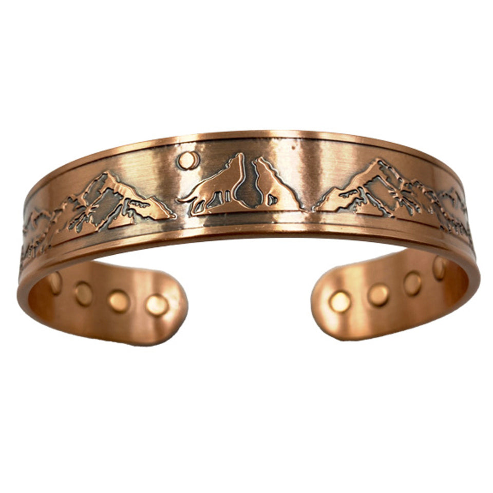 Magnetic Copper Bangle - Wolf & Mountains