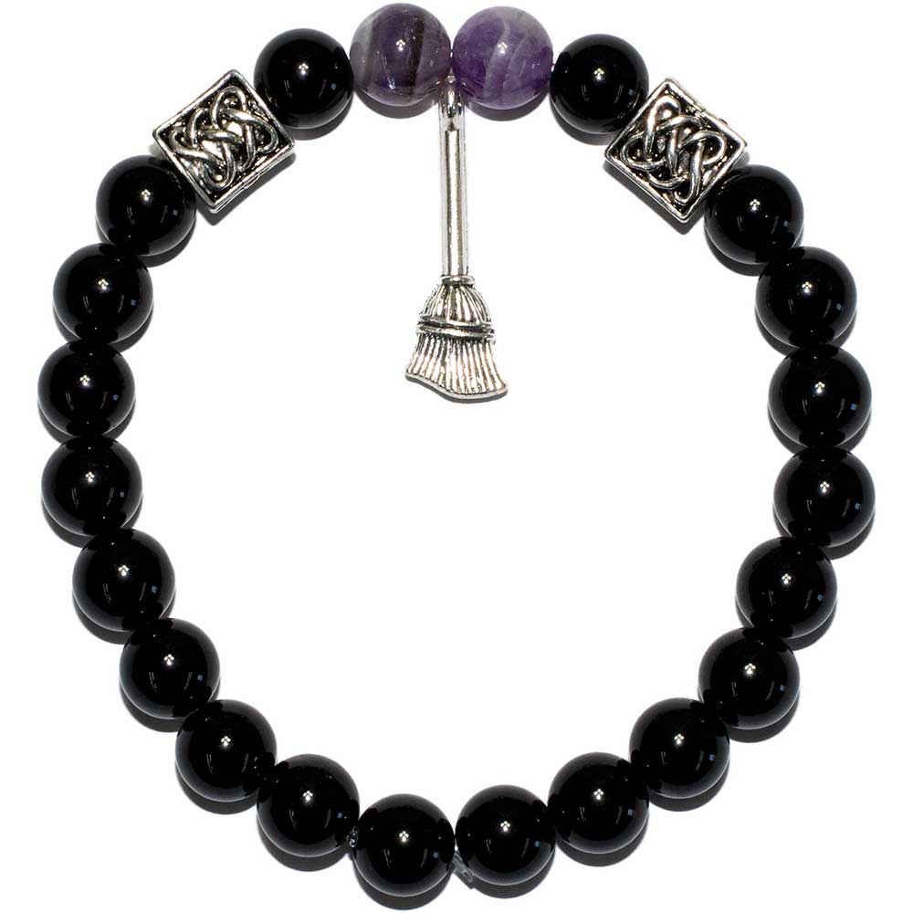 Bracelet 8mm Amethyst & Black Obsidian w/ Broom