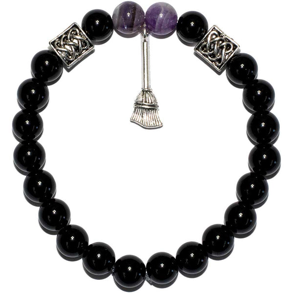 Bracelet 8mm Amethyst & Black Obsidian w/ Broom