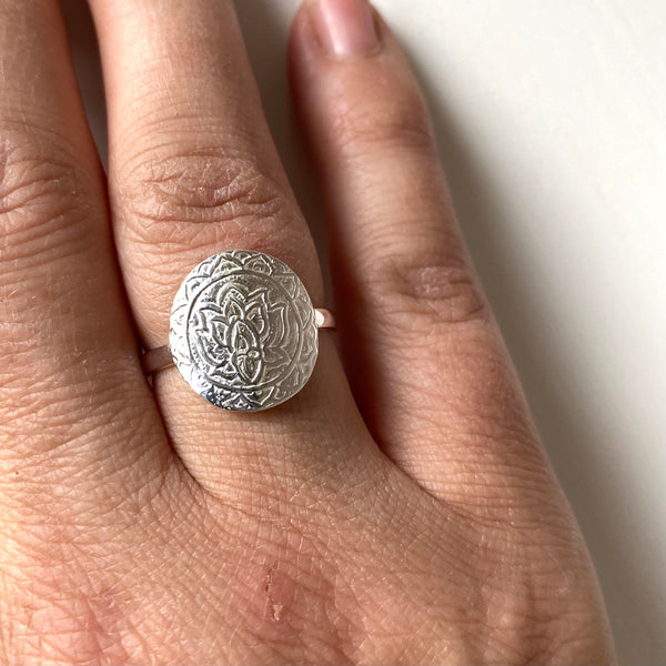 Ring lotus coin sterling silver