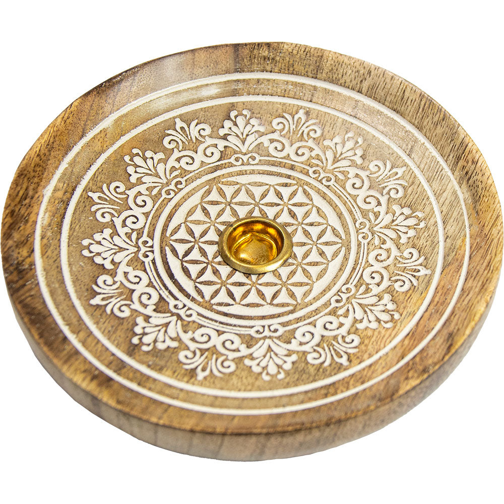 Wood cone incense holder round engraved flowers