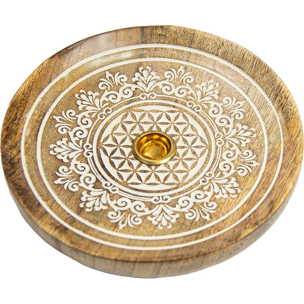 Wood cone incense holder round engraved flowers