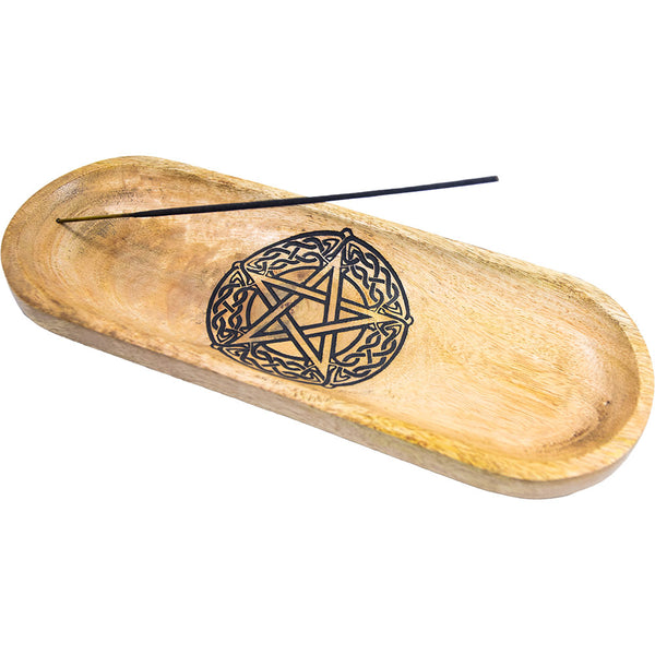 Wood incense holder oval engraved pentacle