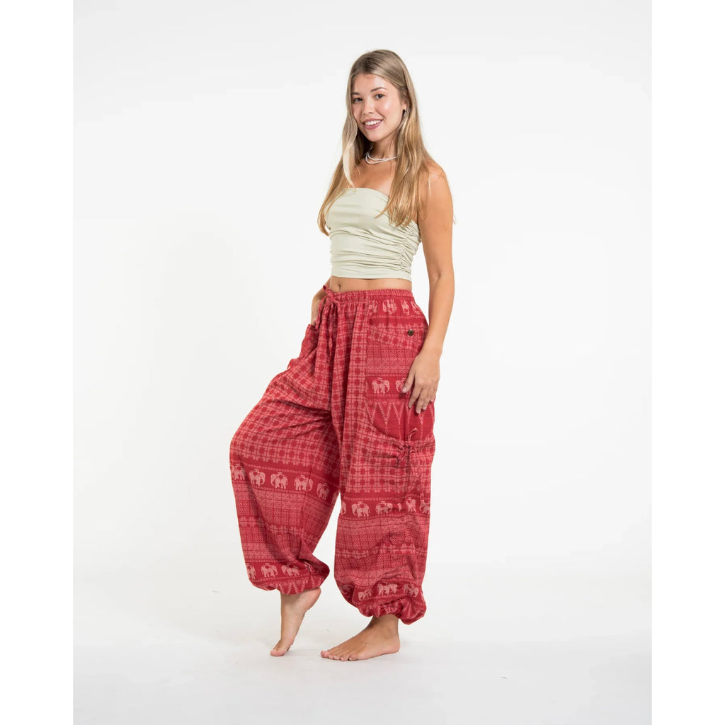 Unisex Hill Tribe Cotton Elephant Pants in Red