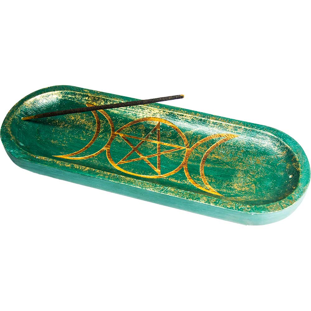 Wood Incense Holder - Oval Teal Pentacle