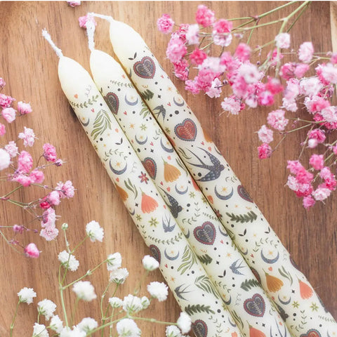 Taper Candles Set of 3 Folk Floral Print - Cream