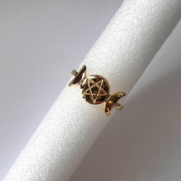 Ring triple moon pentacle 14k gold plated brass