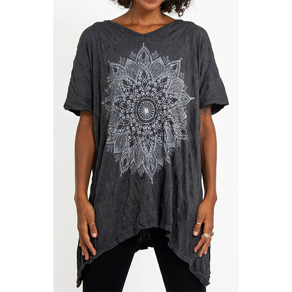 Sure Design Women's Lotus Mandala Loose V Neck T-Shirt Silver on Black - 1-Size