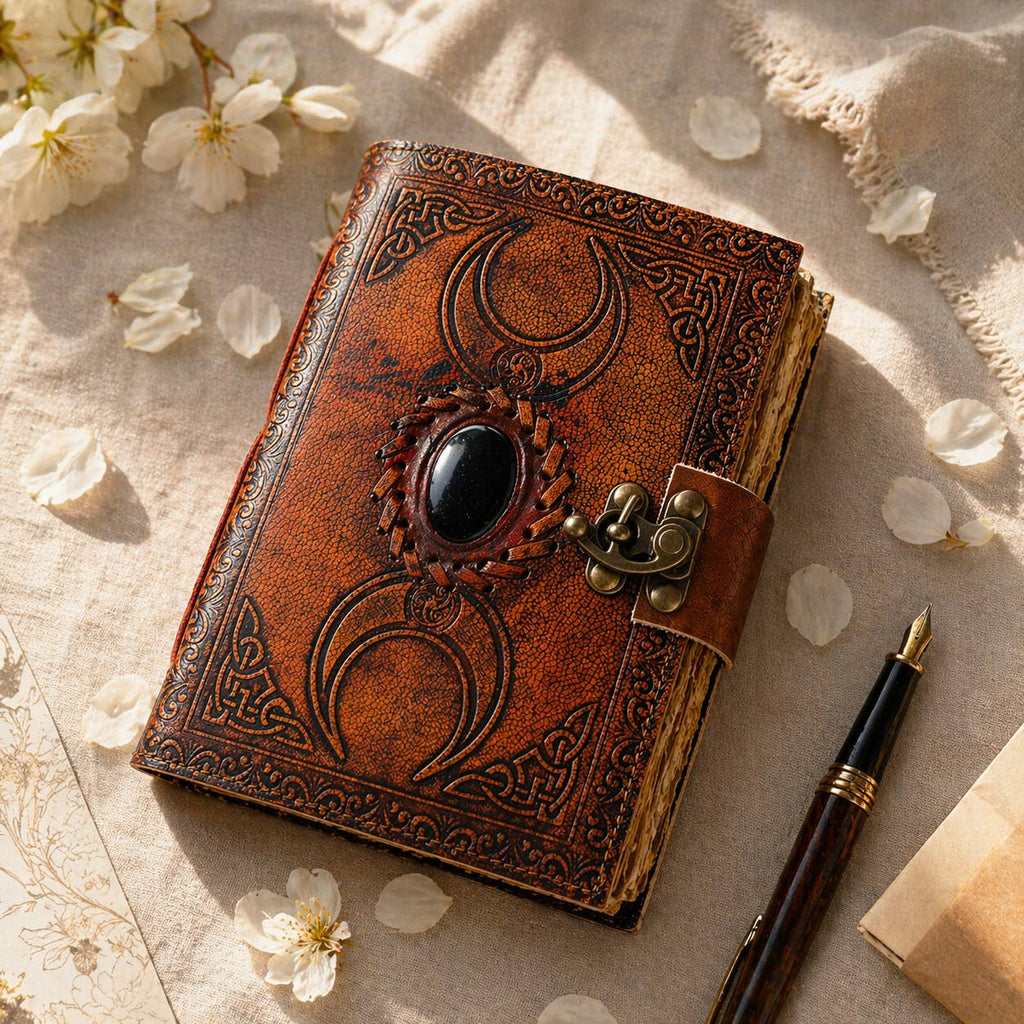 Handmade Leather Journal Blank Triple Moon with Stone