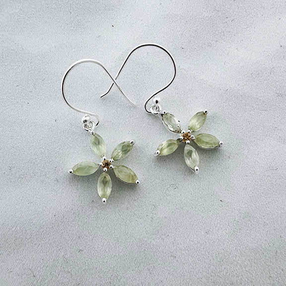 Earrings Prehnite flower (citrine centre) sterling silver