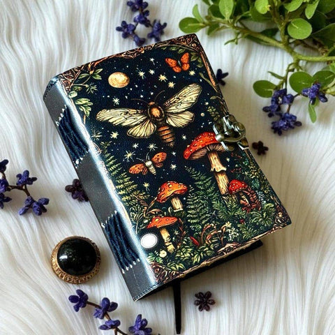Handmade Leather Journal Blank Moth Mushroom