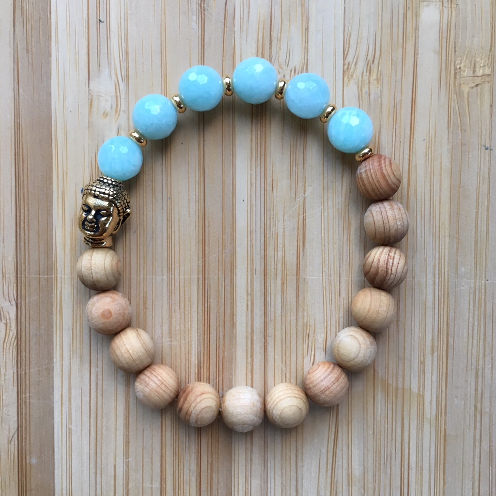 Bracelet amazonite faceted with cedarwood beads & metal Buddha