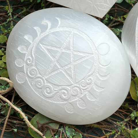Selenite palm stone etched moon phase