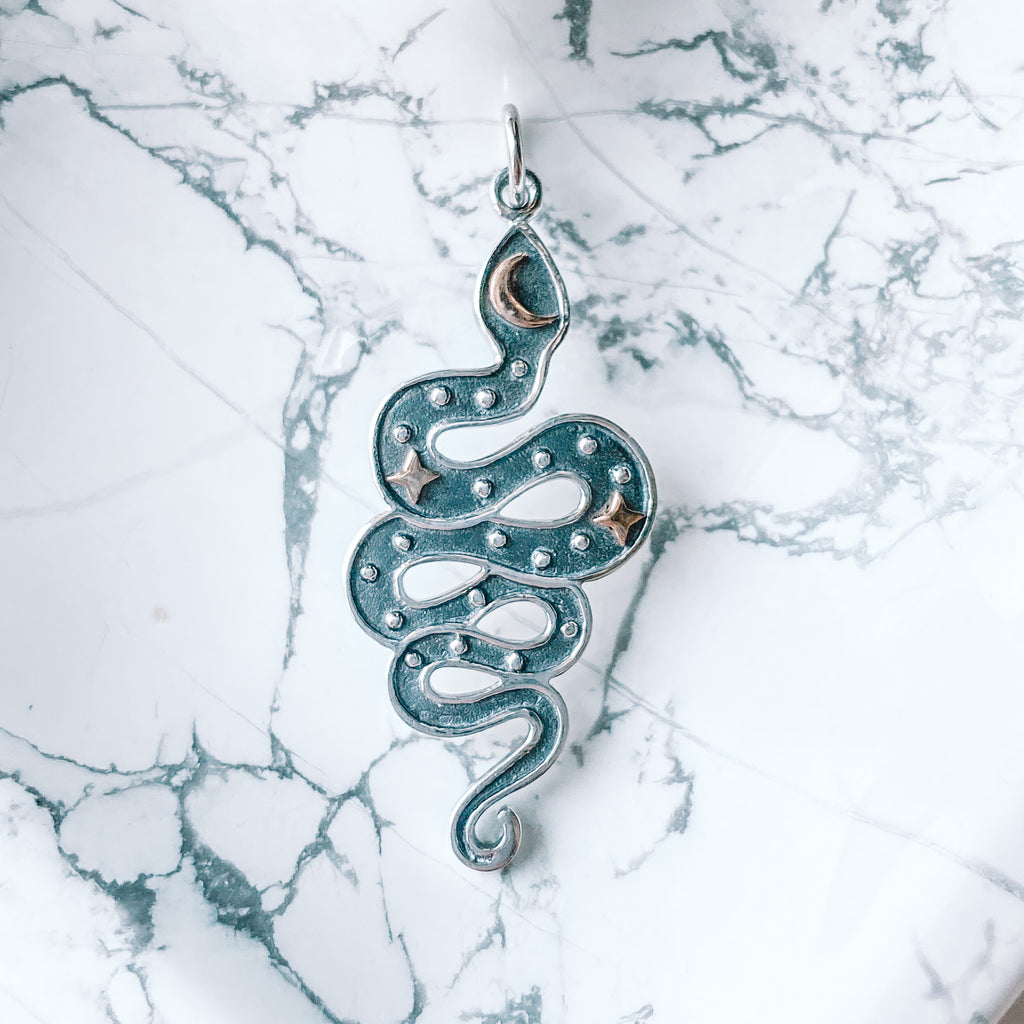Pendant snake with bronze star and moon sterling silver