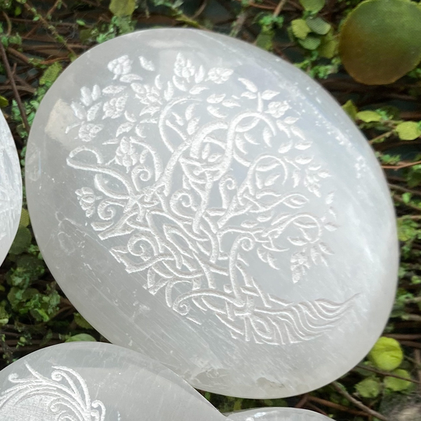 Selenite palm stone etched tree of life
