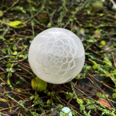 Selenite sphere etched lotus