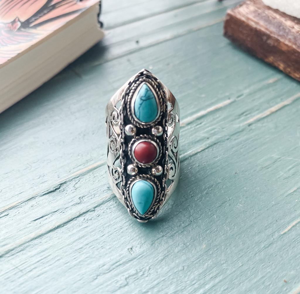 ring 3 stone turquoise/coral sterling silver