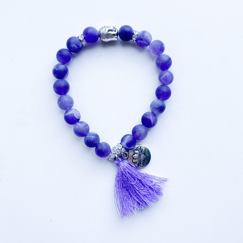 Bracelet 8mm matte amethyst with lotus charm & tassel