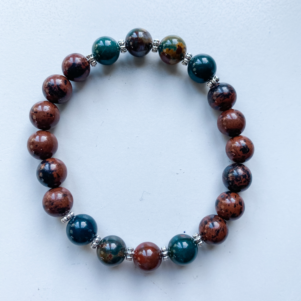 Bracelet 8mm bloodstone & mahogany obsidian pewter rondelle beads