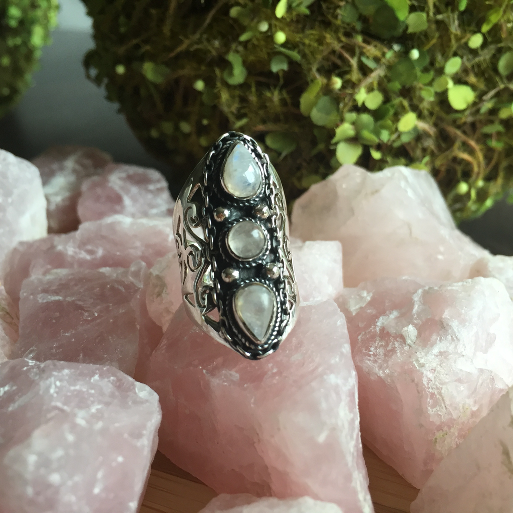 Ring 3 moonstone filagree wide band sterling