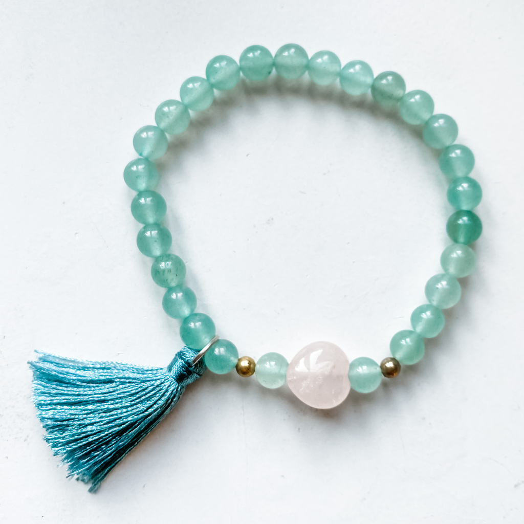 Bracelet 6mm aventurine with rose quartz heart & tassel