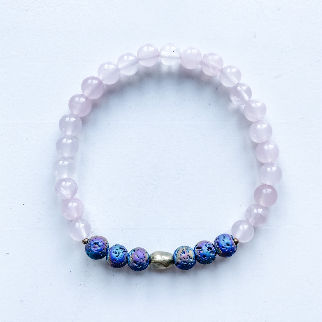 Bracelet 6mm rose quartz with electroplated lava beads