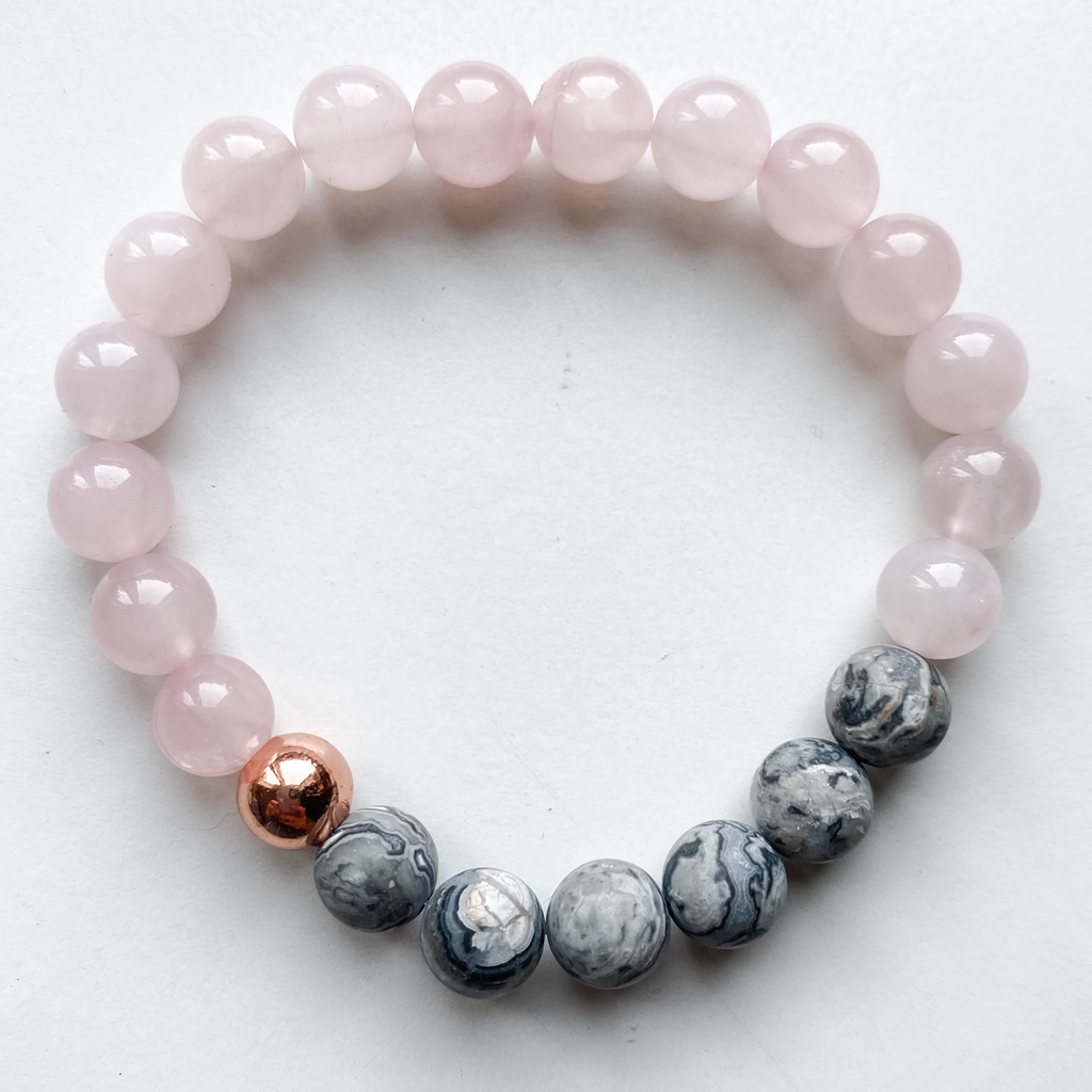 Bracelet 8mm rose quartz, matte picasso jasper and copper